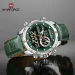 Naviforce 9208 Dual Time Leather Belt Men's Watch- Green/Silver - Image 2