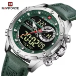 Naviforce 9208 Dual Time Leather Belt Men's Watch- Green/Silver - Image 3
