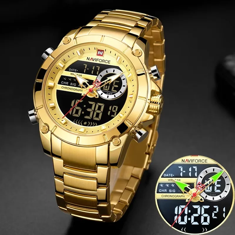 main_imageS6a0c91a2bcbc473fb3f4e6eacf9d78f0i Naviforce 9163 Dual Time Men's Watch- Golden - Image 1