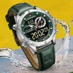 Naviforce 9208 Dual Time Leather Belt Men's Watch- Green/Silver